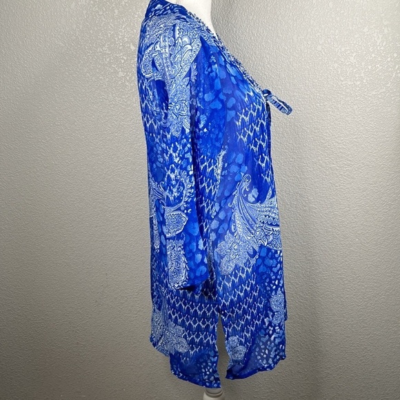 Raviya Blue & White Boho Floral Beaded Flowy Beach Swimsuit Cover Up Size Medium - Picture 5 of 8